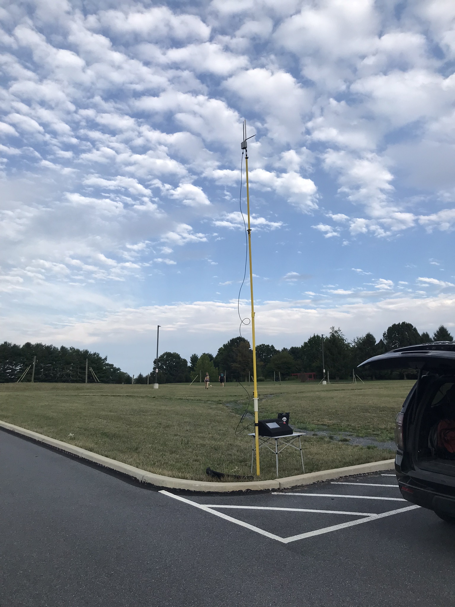 Portable Rocket Launching Ground Station, with a tall mast. The AREDN node is in a small electrical box at the top, with 2 antenna's sticking out the top