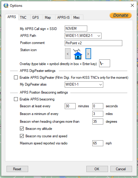 Pinpoint APRS settings